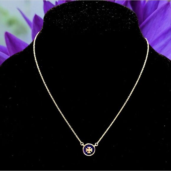 TORY BURCH KIRA ENAMELED MIDNIGHT BLUE PENDANT LOGO GOLD NECKLACE